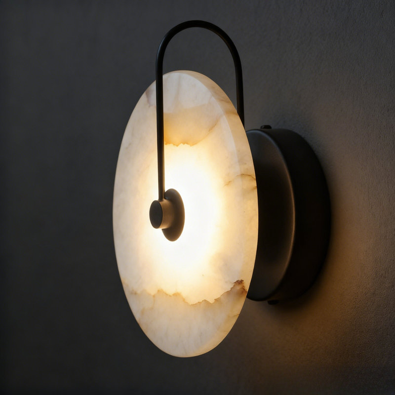 9.8In Round Alabaster Wall Sconce Equipped With LED Bead Light Source, No Harsh Glare From The Sides Matte Black, Matte Black