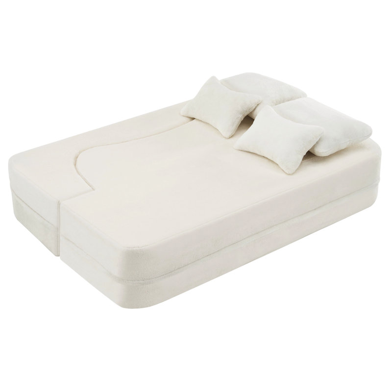 Plancher blanc moderne avec 4 coussins, futon pliant en mousse haute densité, pour les chambres d'amis et les espaces de vie, aucun espace requis pour l'assemblage,