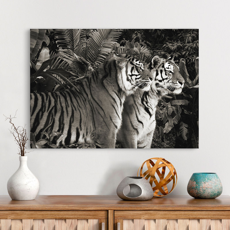 Two Bengal Tigers (BW) - Wrapped Canvas Print, 50cm H x 70cm W x 4cm D