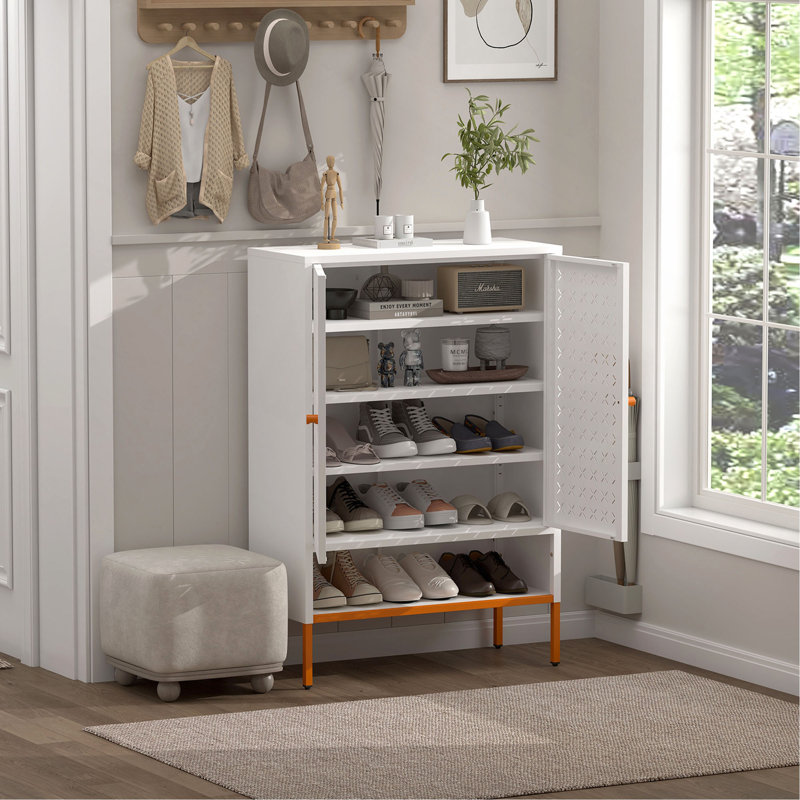 Grid Double Door Shoe Cabinet, Three Adjustable Compartments For Flexible Storage, Suspended Hollow Shoe Changing Compartment, Bottom 15Cm Moisture-Proof High Foot Design