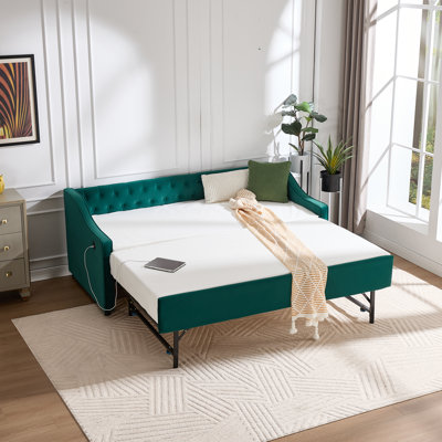 Lit de jour simple rembourré de 82,0 po de large avec lit gigogne escamotable - Lit de jour en velours de luxe avec port de chargement USB et poches latérales - Canapé-lit à accoudoirs ondulés - Beige
