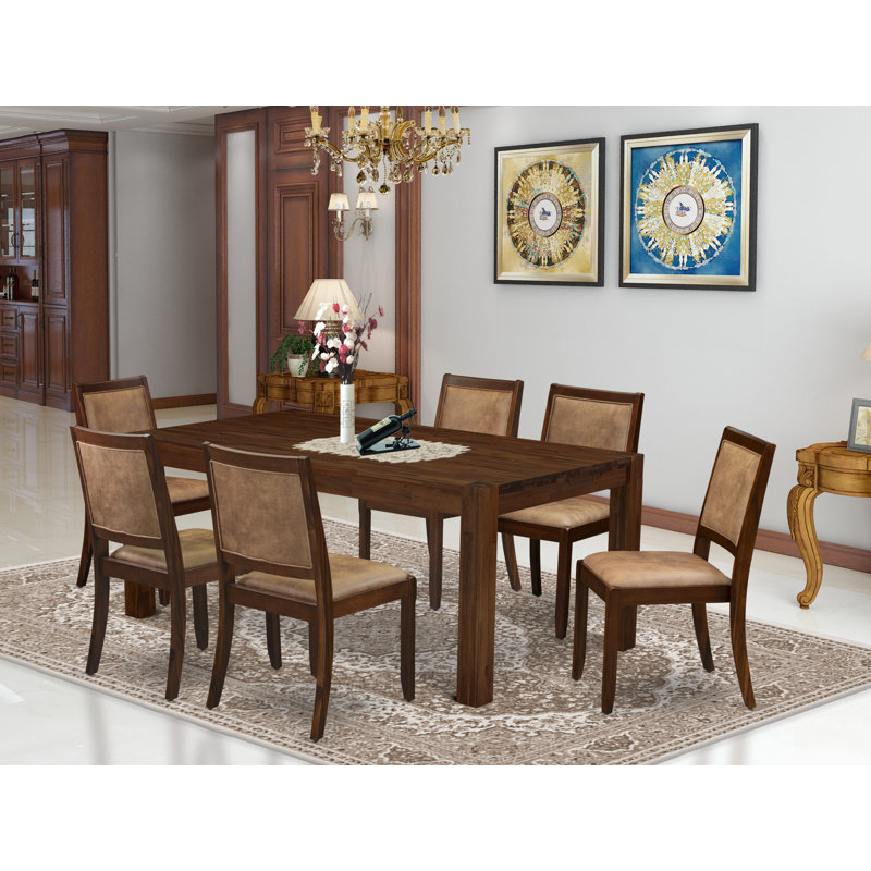L'ensemble de table de salle à manger 7 pièces se compose d'une table de cuisine rectangulaire et de 6 chaises de salle à manger empilables en polyester de texture brune, finition noyer antique.