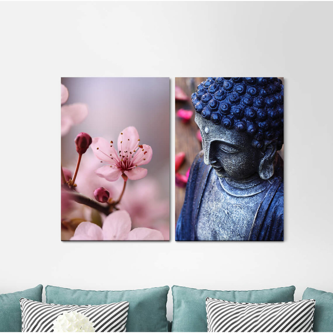 2-tlg. Leinwandbilder-Set - Fotografie „Cherry Blossom Spring Buddha Cautious Wise Calm Mindfulness”