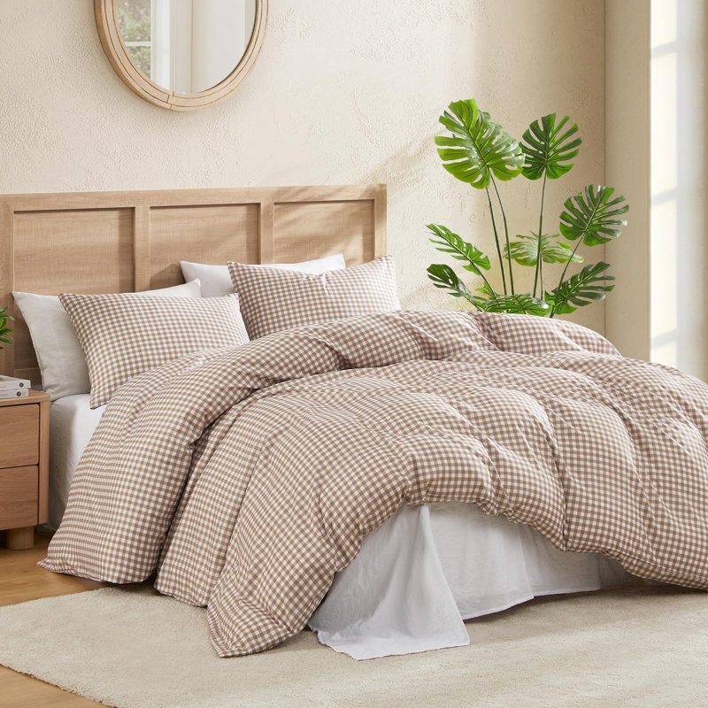 Housse de couette en vichy pour grand lit Andency, ensemble de literie à carreaux brun clair à carreaux brun clair, housse d'édredon en microfibre pré-lavée 3 pièces avec fermeture à glissière et attaches d'angle