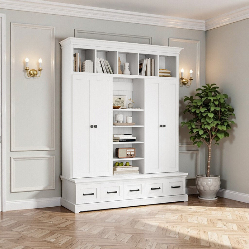 Arbre d'entrée 78,7 po en MDF avec banc, 5 tiroirs, 4 portes et tablettes réglables pour le rangement du vestibule, Blanc