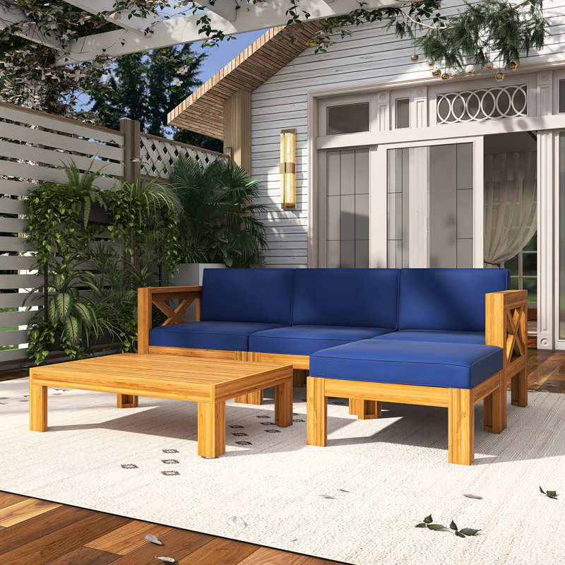 Ensemble de canapé modulaire d'extérieur en bois 5 pièces avec coussins et table basse, Bleu