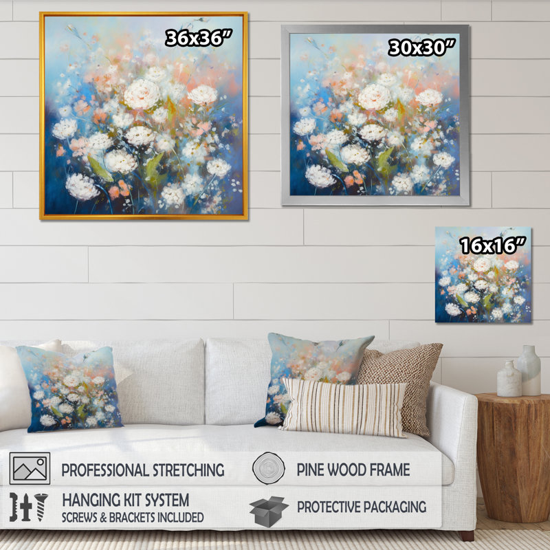 Rongstad, œillets bleus et blancs sur toile, Cadre photo noir, H 16 po x l 16 po x P 1 po