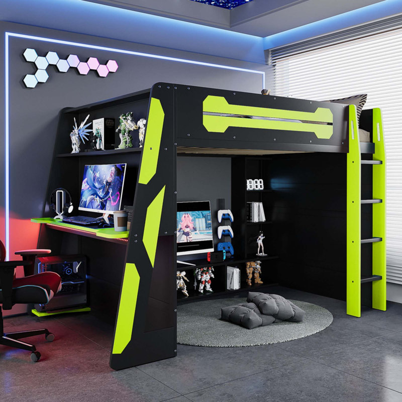 Full Size Wood Loft Bed, Green