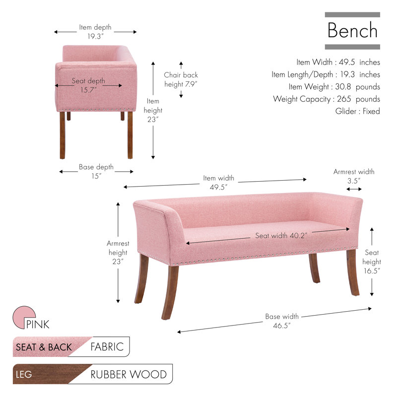 Sabrina Fabric Upholstered Bench with Rubberwood Legs, Pink