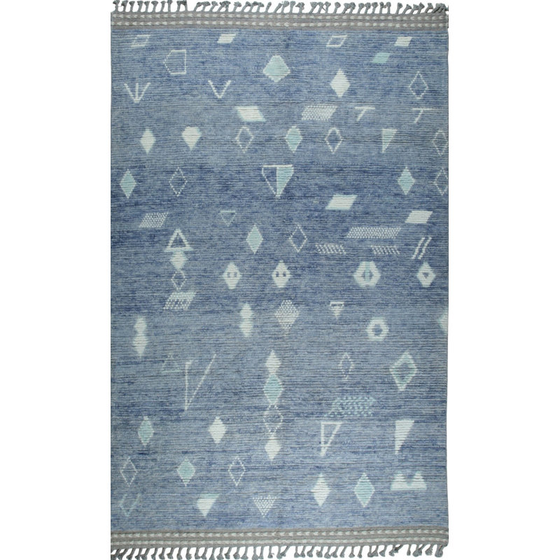 Blue Hand-Knotted Wool Faded Denim Texture Tribal Modern Contemporary Carpet Rug, 6' x 9'