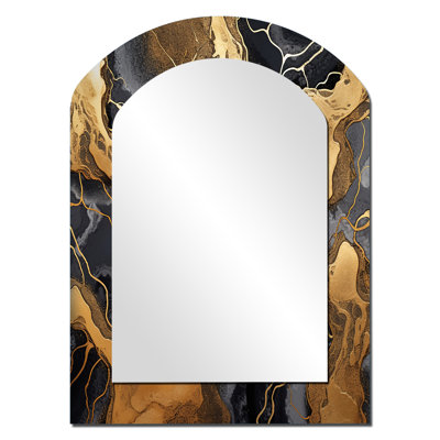 Or et marbre gris scintillant galaxies I - miroir à arc fractal, miroir mural décoratif asymétrique doré, impression sur métal