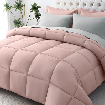 Jollyvogue Queen Comforter Set, Soft Bed in a Bag Queen Size 7 Pieces, Oeko-Tex Certified Bedding Set with Down Alternative Comforter, Sheets, Pillowcases & Shams, Pink & Light Grey