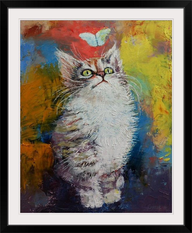 «Anjlee Kitten and Butterfly» par Michael Creese, reproduction d'art, H 32 po x l 27 po x P 1 po, Cadre noir