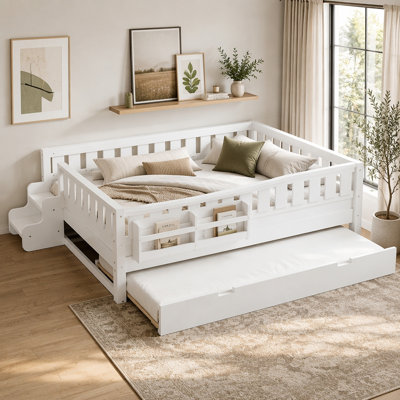 Wooden Montessori Floor Bed with Bookshelves and Staircase and Trundle