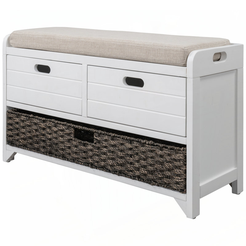 Entryway Bench with Removable Basket and Drawers, White
