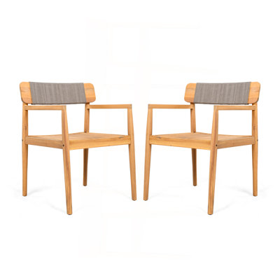 Creative Braided Acacia Wood Outdoor Dining Chairs With Armrests, Suitable For Outdoor Dining And Leisure Places, Teak Look & Grey Rope,Set Of 2