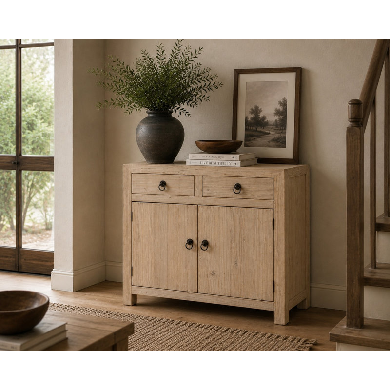 Armoire à deux tiroirs en pin massif naturel vieilli