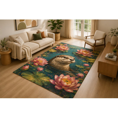 "Ultra Thin" 5' x 7'Otter Lotus Pond Area Rug for Living Room, Soft Low Pile Indoor Rug with Non-Slip Silicone Backing, Water Garden Wildlife Decor for Bedroom, Nursery, Family Room, Kids & Pets