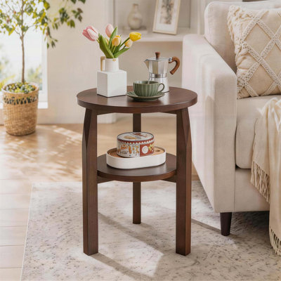 Wood Round End Table, 2-Tier Side Table with Storage Shelf for Living Room and Bedroom
