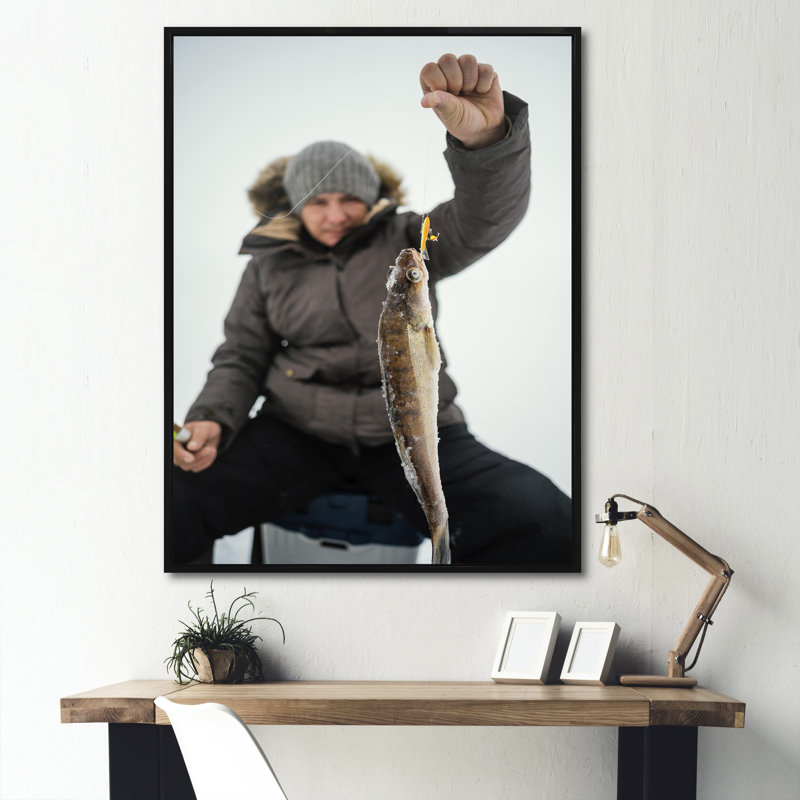 " Winter Fishing Nautical Escapes ", 32" H x 16" W x 1" D, Black Floater Framed