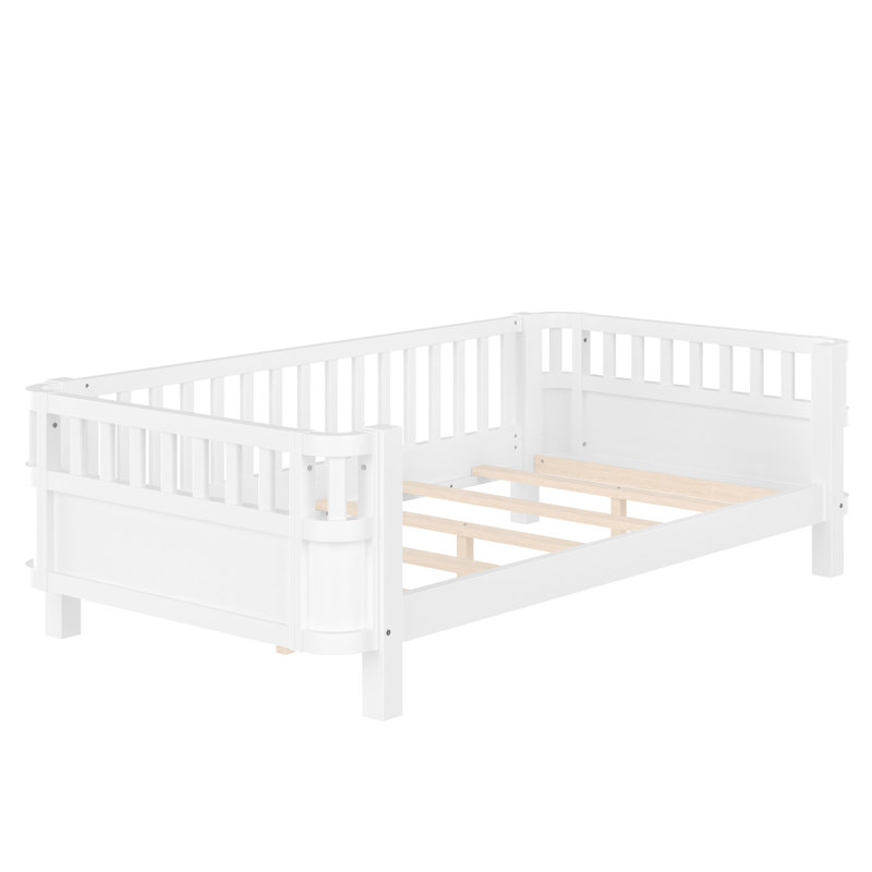 Lit plateforme simple en bois pour enfants, avec barrières de sécurité et clôture amovible, blanc