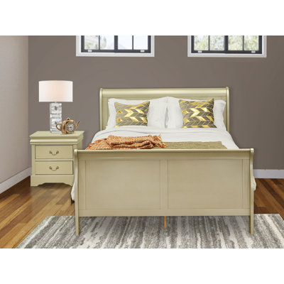 Ensemble de chambre à coucher 2 pièces, lit pour la chambre à coucher et table de chevet en bois avec tiroirs pour belle chambre à coucher, finition or métallique
