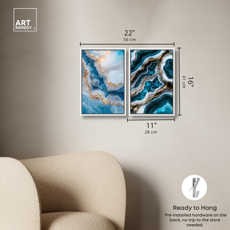 «Golden Geode Luxe», ensemble d'art mural sur toile par Art Remedy, H 16 po x l 11 po, Cadre blanc