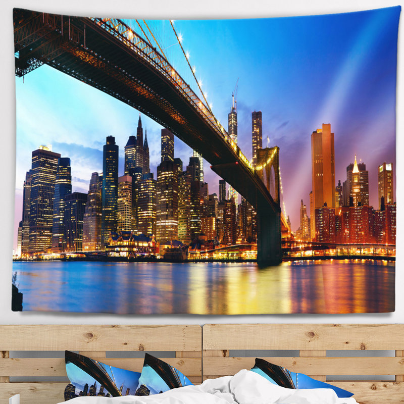 Tapisserie bleu ciel en polyester cityscape manhattan city bridge avec accessoires suspendu inclus, H 78 po x l 92 po