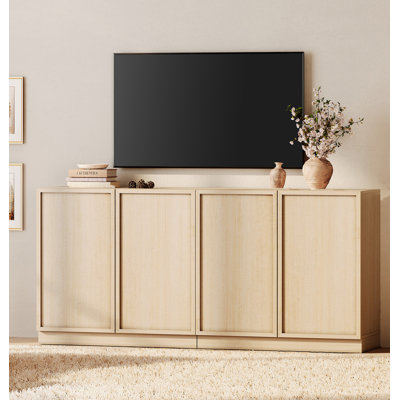 Meuble télé moderne pour téléviseur de 70 po ou moins, meuble télé 2 en 1 avec 4 portes et tablette réglable, meuble média en bois pour le salon et la chambre à coucher