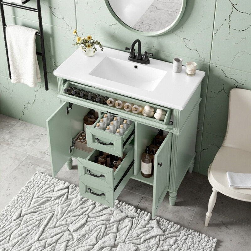 36" Freestanding Bathroom Vanity with Sink – Soft-Close Doors, Flip-Out Drawer & Ceramic Basin for Effortless Luxury