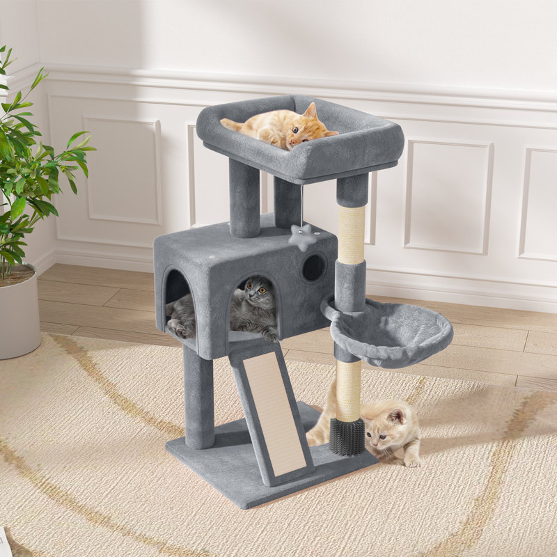 Tour pour chat de 36 po avec hamac, poteaux à griffer en sisal et rampe, parfait pour les chats d'intérieur, Gris