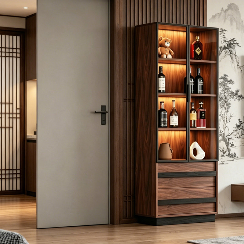 Armoire latérale autoportante 31,5 po en bois de pin brun avec porte vitrée 31,50 po