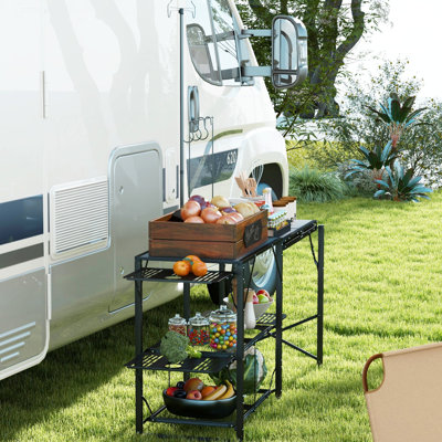 Folding Outdoor Table With Camping Kitchen Options, Adjustable Lantern, And Hanging Accessories Station Foldable Design, Lantern Holder, Tools