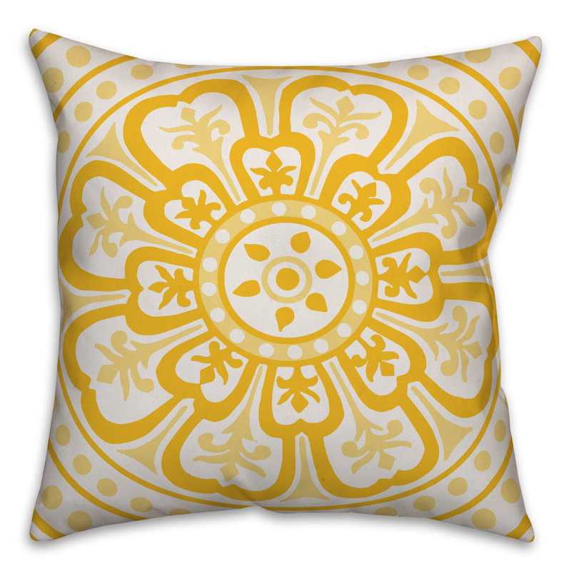 Housse de coussin carrée & insert médaillon , 16 po x 1 po, Jaune, Polyester / bourre en polyester
