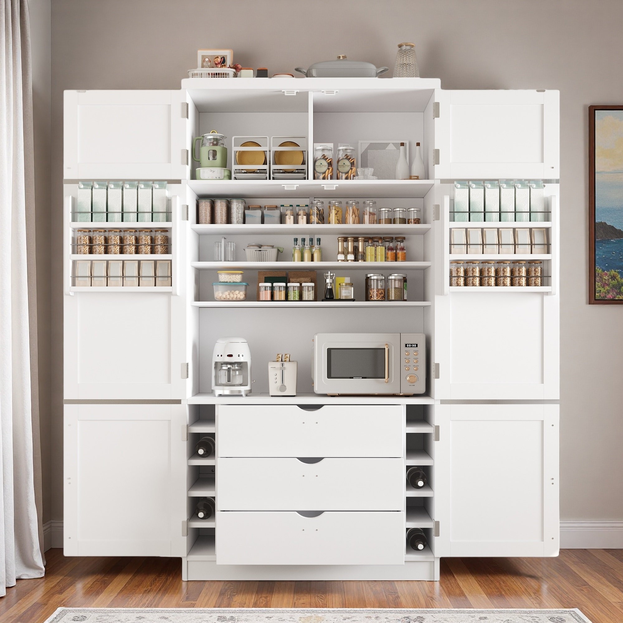 Lark Manor Tall Freestanding Kitchen Pantry With 2 Power Outlets, 3 ...