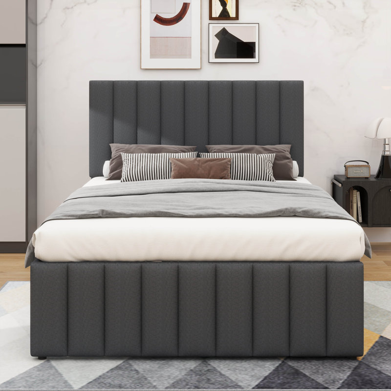 Lit plateforme tapissier avec lit gigogne escamotable, 3 tiroirs et tête de lit élégante en lin, Gris