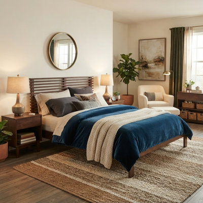 Modern Solid Wood Platform Bed Frame, 600 lbs Heavy Duty Bed with Horizontal Slat Headboard, No Box Spring Needed