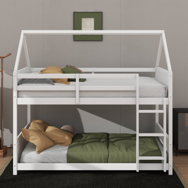 Twin Over Twin Floor Bunk Bed With House Design And Head Foot Panels, White