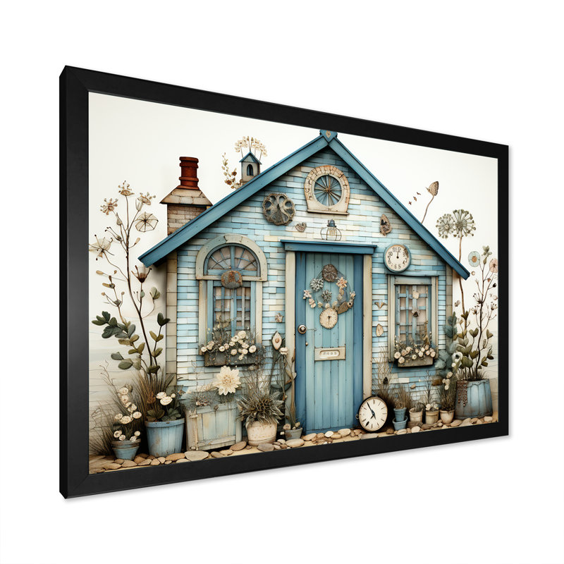 «Blue Beach House Collage Tranquility», art mural sur toile, Cadre d'angle fermé noir, H 34 po x l 44 po x P 1,5 po