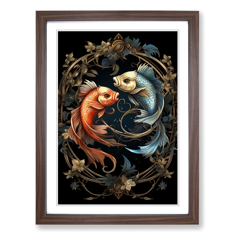 Pisces Fish Zodiac Classicism - Single Picture Frame Print on Wood, Walnut Framed, 64cm H x 46cm W x 2cm D