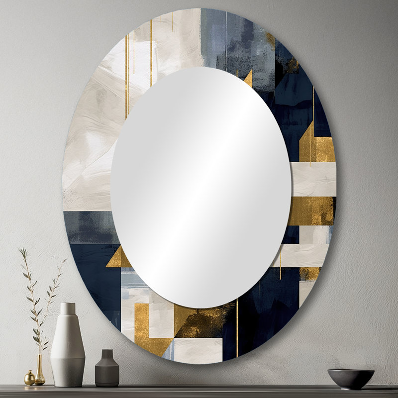 Formes dorées bleues harmonieuses - Miroir décoratif abstrait ovale sur métal, 43 po x 33 po