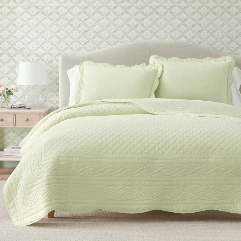 Ensemble de courtepointe réversible en coton uni Martha Stewart, Vert, Courtepointe pour lit simple + 1 taie décorative 