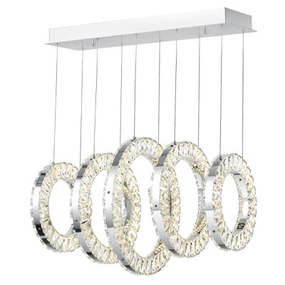 Lustre linéaire à DEL pour îlot de cuisine, table de billard, salle à manger Landeros - fini chrome avec anneaux en cristal - luminaire suspendu moderne