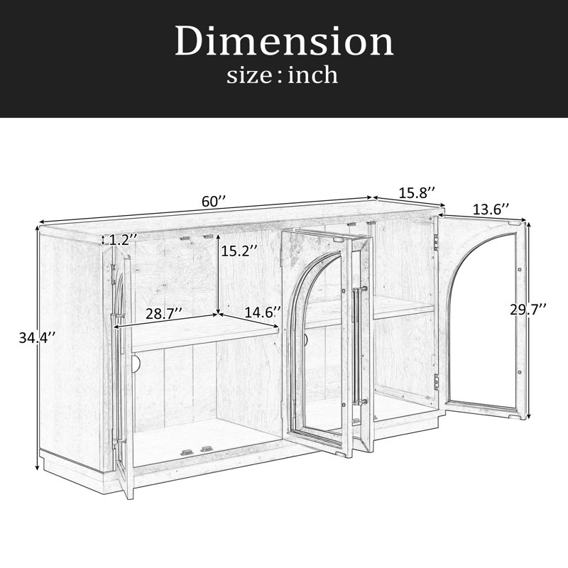 Buffet 4 portes avec rangement et portes vitrées, armoire arquée avec tablettes réglables pour la cuisine, la salle à manger et le salon