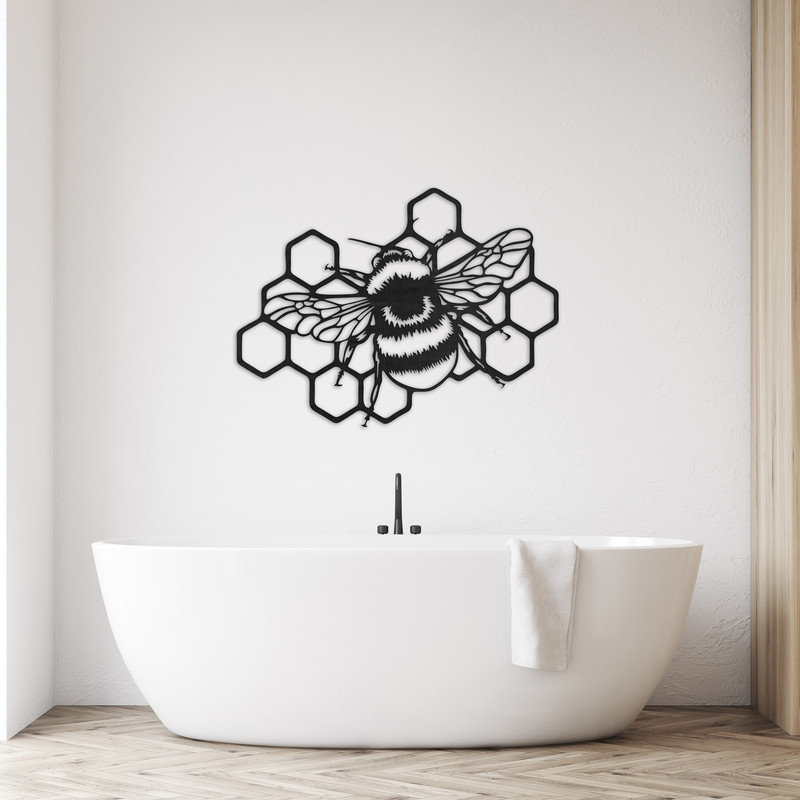 Art mural abstrait avec peignes et abeilles - ACM, H 32 po x l 23,7 po x P 0,25 po, Blanc