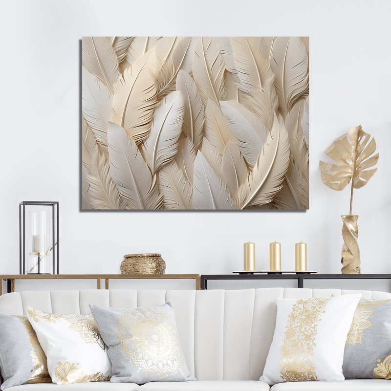 Plumes de plumes - art encadré de plumes, H 16 po x l 32 po x P 1 po, Toile tendue
