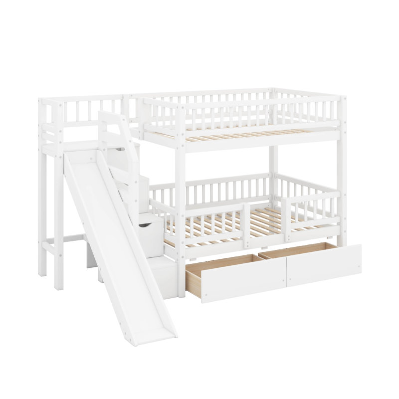 Lit superposé simple au-dessus de simple avec escalier de rangement, structure de lit superposé en bois massif avec glissière et 2 tiroirs