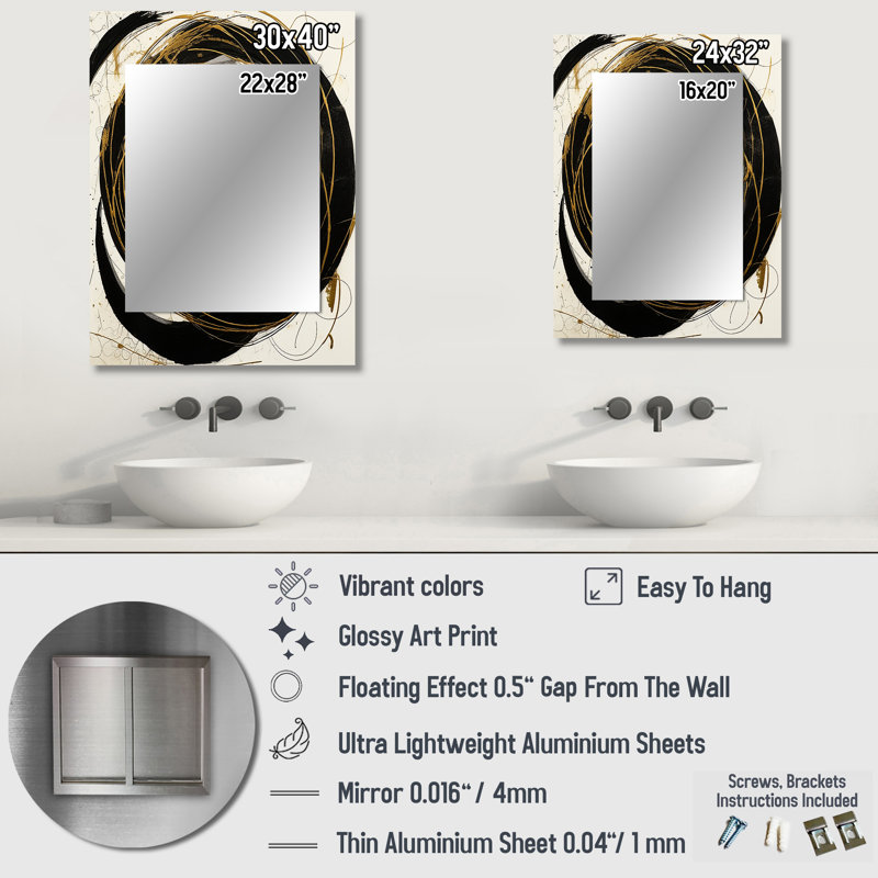 Black And Gold The Art Of Chaos III - Abstract Painting Unique Mirror, Black Large Wall Mirror, Printed Metal Art, 40" x 30"