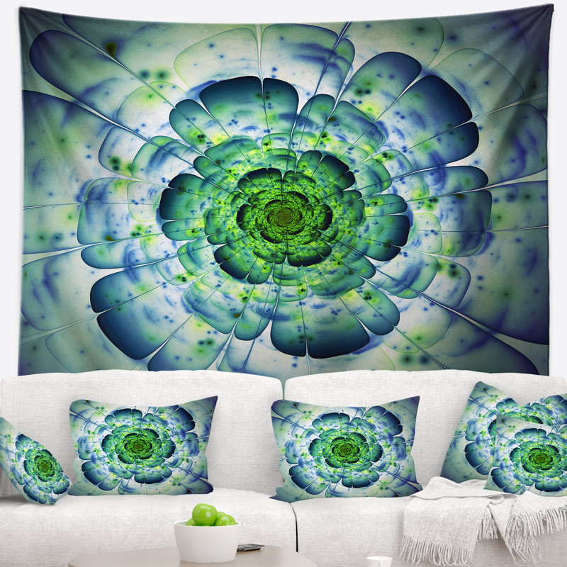 Grande tapisserie florale à motif floral mandala bleu, H 32 po x l 39 po