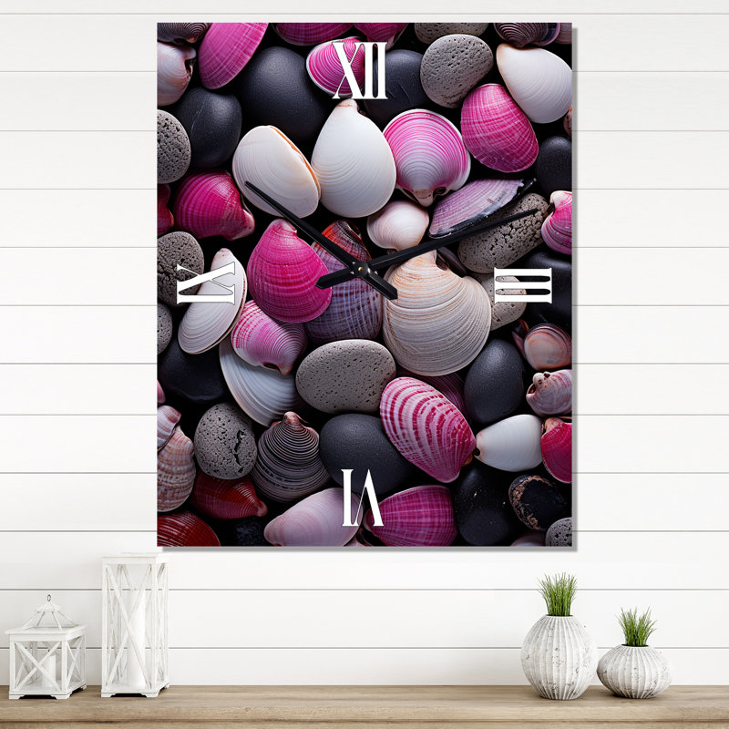 Pink Grey Pink White Shells Seashore Collage - Animals Very Large Wall Clocks, 32" H x 24" W x 1" D